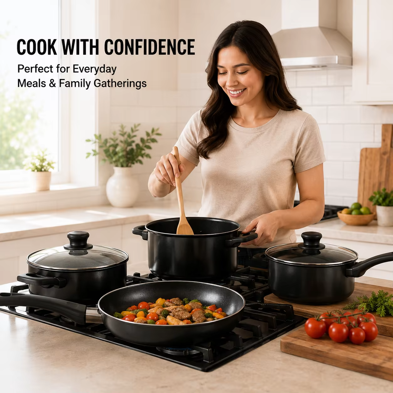 Nonstick Cookware Set with Glass Lids and Kitchen Utensils - Image 5