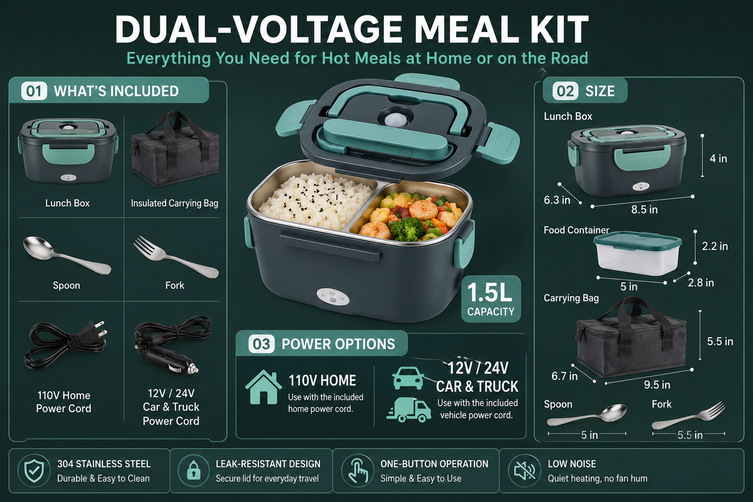 1.5L Electric Lunch Box Food Warmer for Car & Home – Green - Image 4