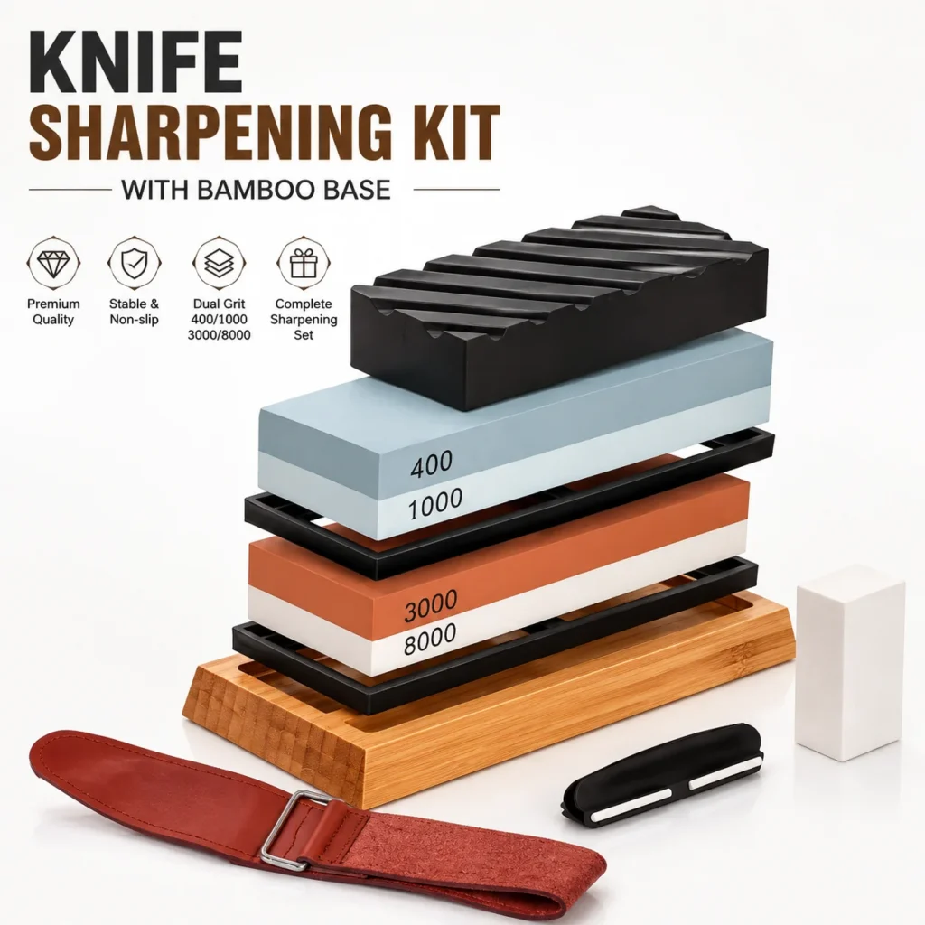 4-Grit Whetstone Knife Sharpening Kit with Bamboo Base