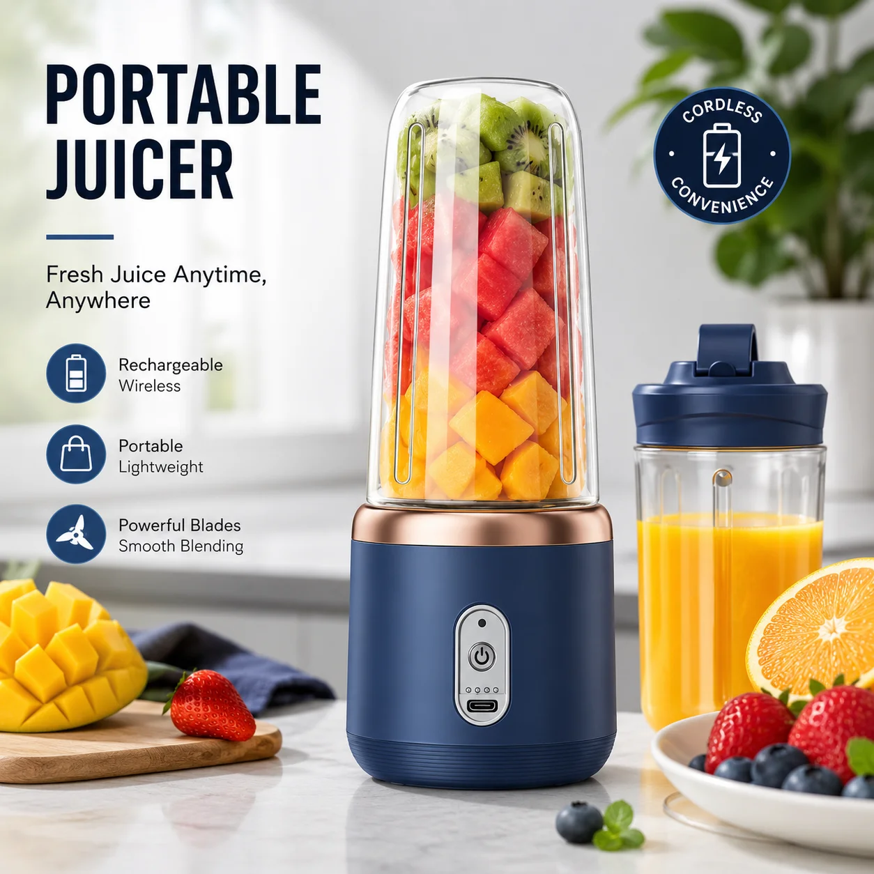 Portable USB Rechargeable Blender with Travel Cup – Blue - Image 2