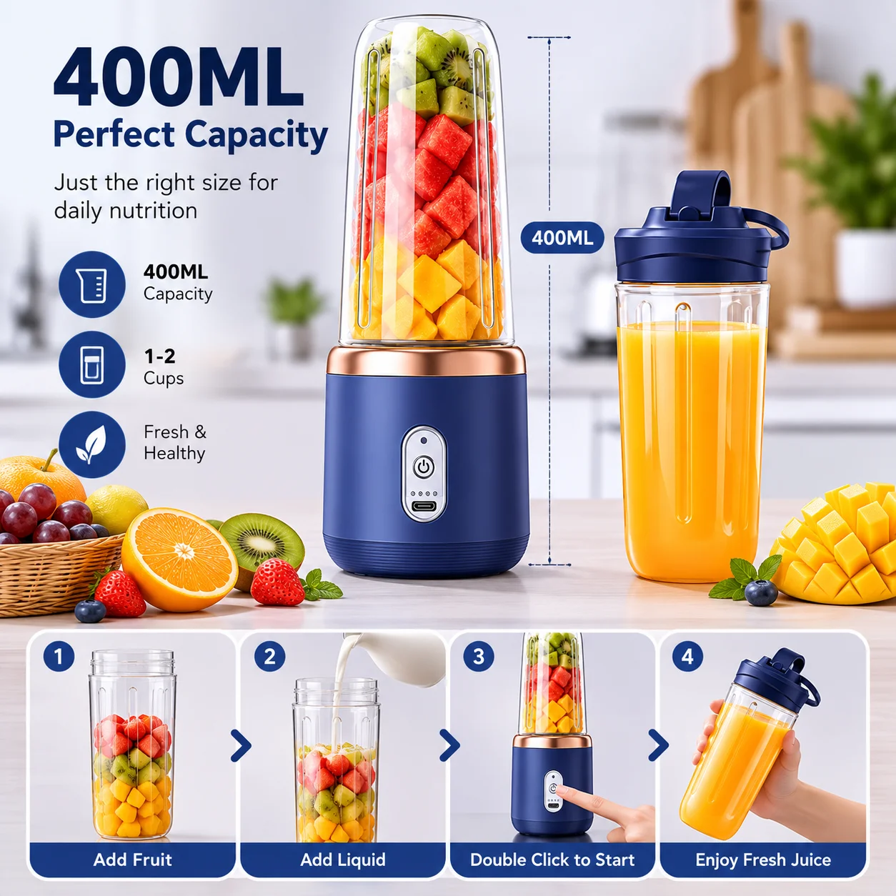 Portable USB Rechargeable Blender with Travel Cup – Blue - Image 4