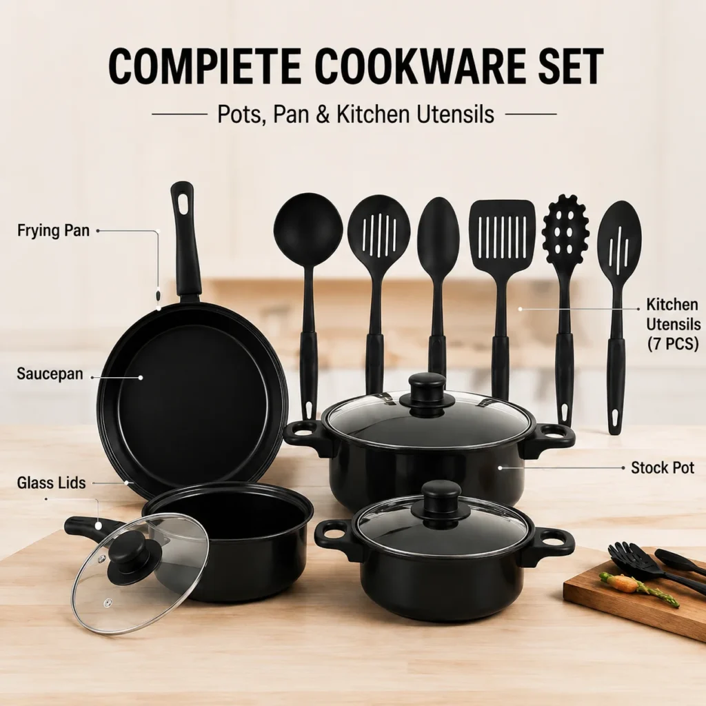 Nonstick Cookware Set with Glass Lids and Kitchen Utensils