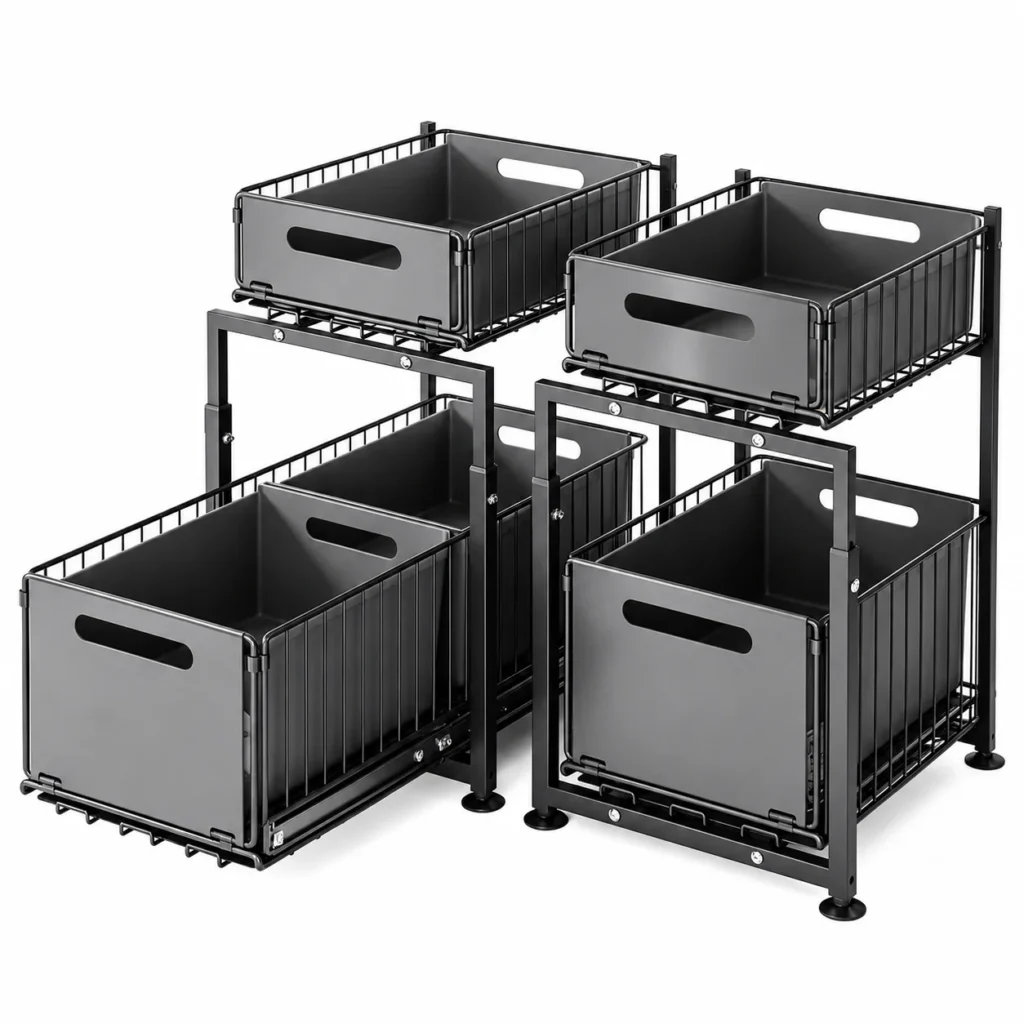2-Tier Pull-Out Cabinet Organizer with 4 Sliding Bins
