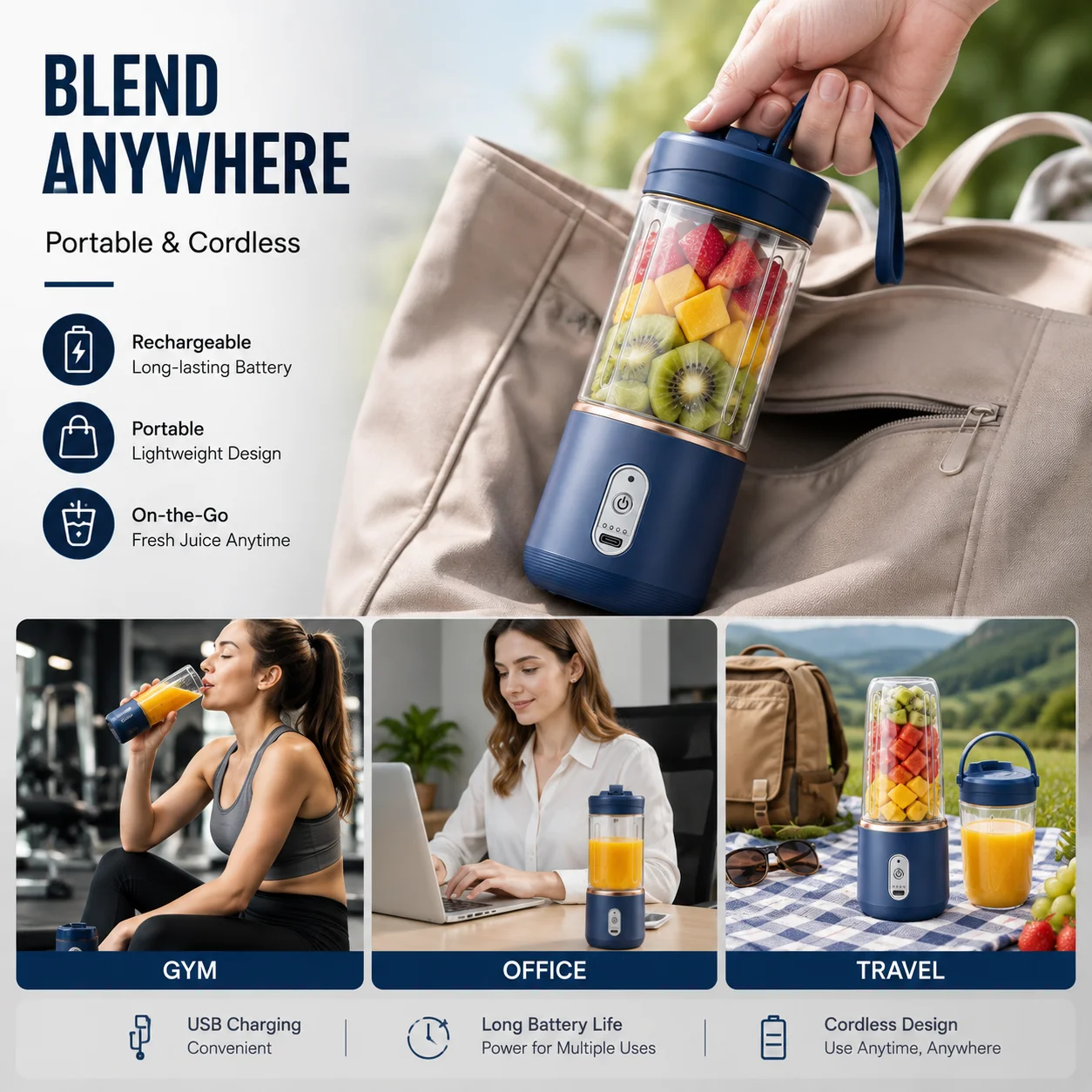 Portable USB Rechargeable Blender with Travel Cup – Blue - Image 5