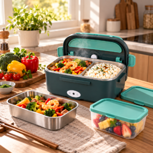 Turquoise 1.5L electric lunch box with stainless steel food tray and meal